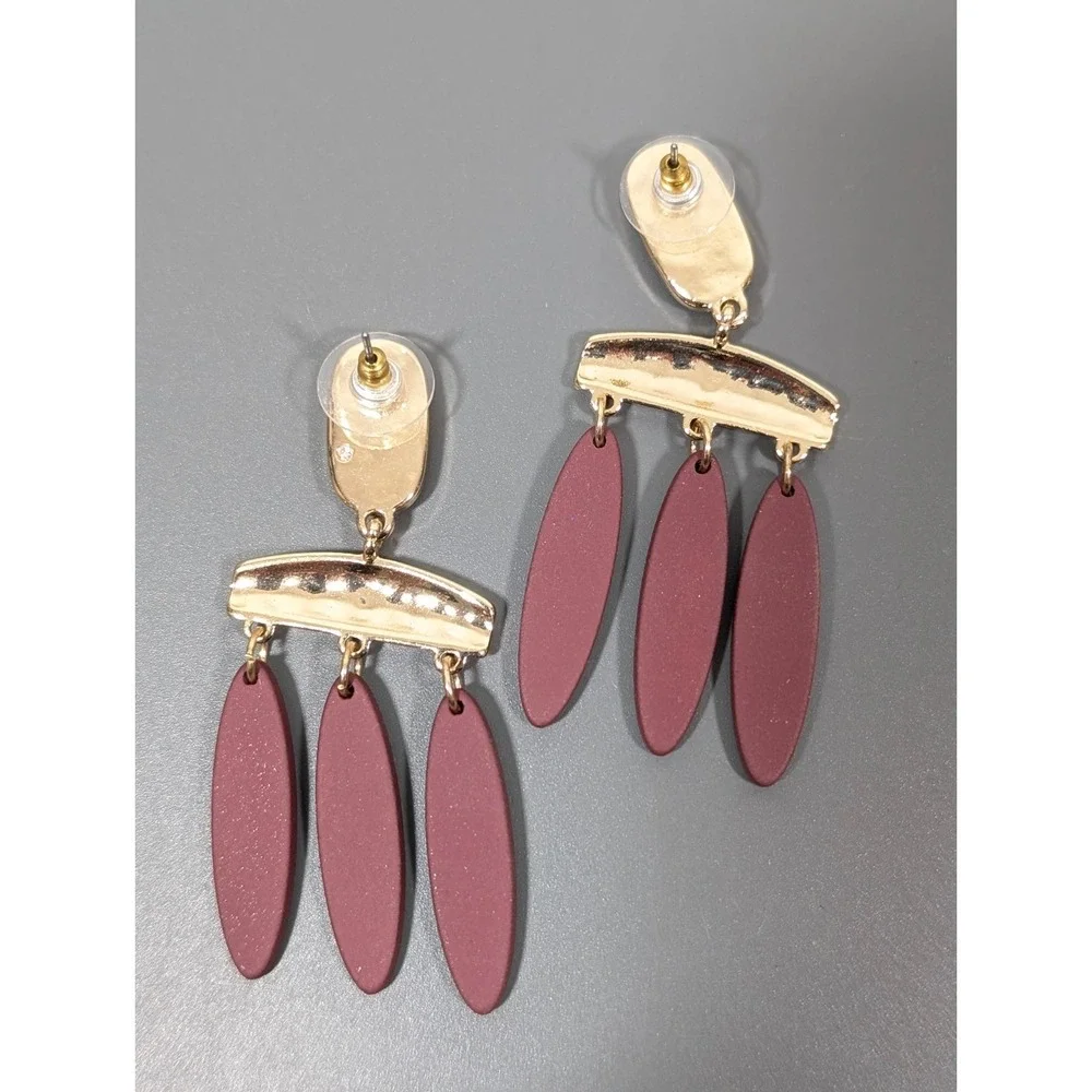 Boho Red‎ Brown Gold Tone Chandelier Dangle Tribal Earrings Statement